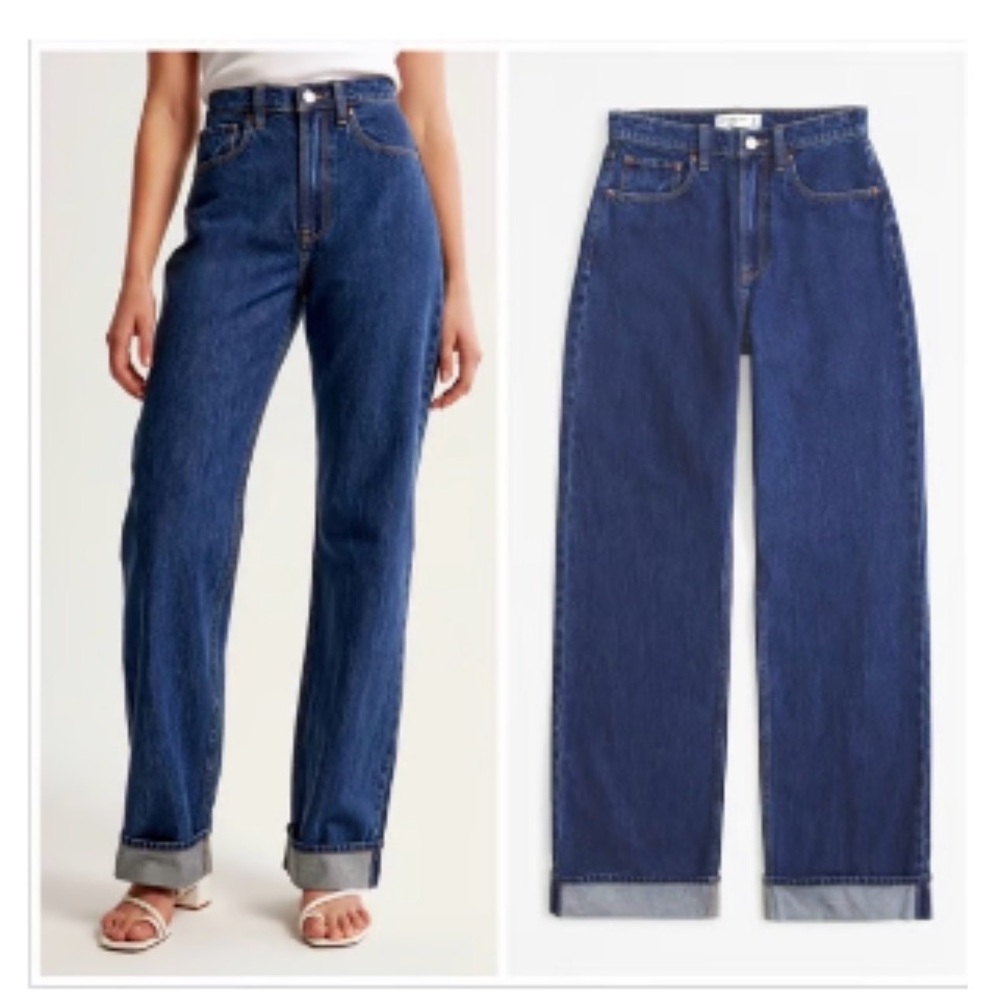 Abercrombie Curve Love High Rise Loose Jeans in Dark with Cuff Hem